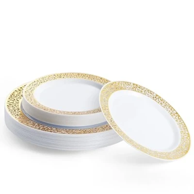 Bild av MATANA 40 premium vita plasttallrikar med guldspetsfälg 20 x 26 cm middagstallrikar, 19 sidotallrikar elegant och återanvändbar servis för bröllop, födelsedagar, catering, fester