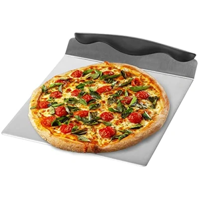 Bild av com four® pizzastyckare av rostfritt stål kakhylla med plasthandtag tårta och pizzaserver pizzaskal 20,5 x cm (svart/silverfärgad kantig)