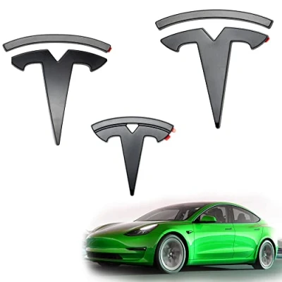 Bild av Shop4EV matt svart logotypemblemset för Tesla Model 3 (före 10/23) delat komplett set fram, baklucka och ratt