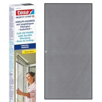 Bild av tesa Insect Stop Clip On myggnät att sätta på fönstret anpassningsbar ram, nät av slitstark glasfiber med självhäftande klämmor 1,2 x 2,4 m antracit