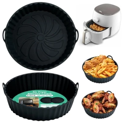 Bild av Alyvisun Silikonform för Luftfritös, 2 Stycken Silikongrytor Airfryer Återanvändbara Silikonfoder Luftfritöskorg Rund Silikonbakform Air Fryer, Mikrovågsugn och Ugn (Svart)