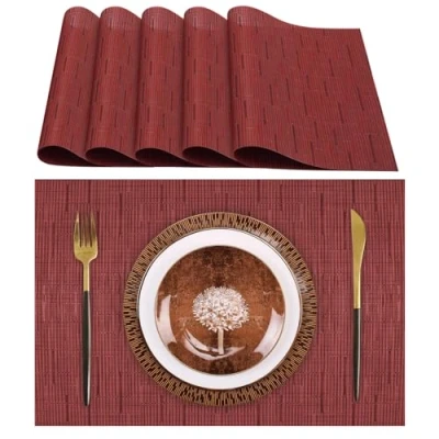 Bild av Lumaca Tvättbara Bordsunderlägg, Bordsmattor set om 6, (70% PVC, 30% polyester), Värmebeständig, Halkfri, för Köksbord och Eestauranger, Röd