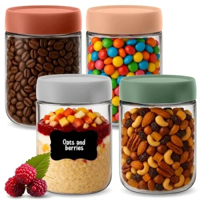 Bild av HEFTMAN havreburkar med lock för övernattning 4 pack 500 ml lufttät glasburk, färgglada frukostgrytor yoghurt, chiafröpudding