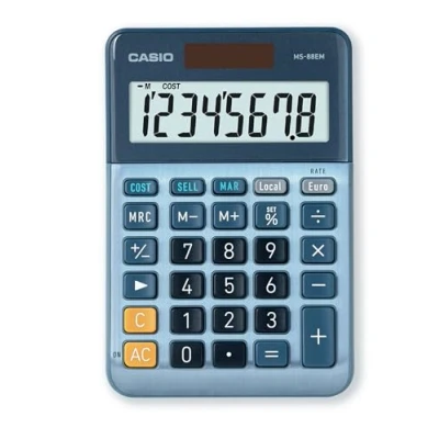 Bild av CASIO Bordsräknare MS 88EM, 8 siffrig valutautvandling, Cost/Sell/Margin, aluminiumfront, sol /batteridrift