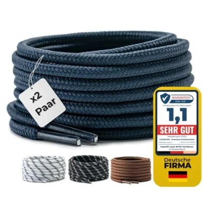 Bild av LaceHype 2 par premium runda skosnören [ 4 mm ] för arbetsskor, stövlar, utomhusskor och sportskor, slitstarka skoband, ersättningskuddar av polyester (mörkblå, 140)