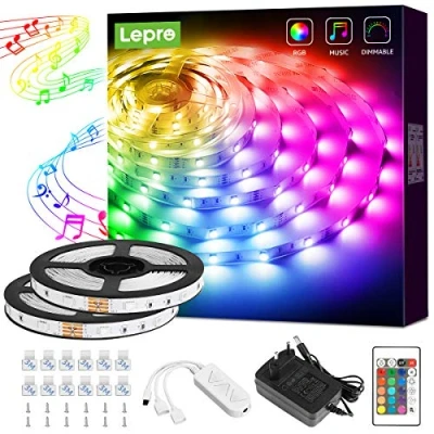 Bild av Lepro LED remsa 10 m (2 x 5 M), musik ljusslinga med fjärrkontroll, bandlampor vattentät IP20, RGB dimbar ljuslist ljus, ljusremsljus, färgglad kedja för fest jul dekoration