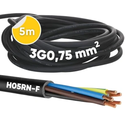 Bild av 5 meter Kalitec H05RN F 3 x 0,75 mm² gummikabel med skyddsledare för utomhusbruk I elkabel svart byggarbetsplatskabel flexibel UV och oljebeständig Anslutningskabel 3G ledare