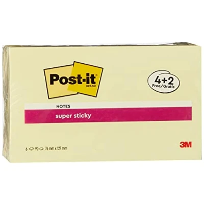 Bild av Post it Super Sticky Notes, Canary Yellow, 4 block + 2 GRATIS, 76 x 127 mm, 90 ark/block extra självhäftande anteckningar för att göra listor och påminnelser