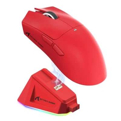 Bild av ATTACK SHARK X11 spelmus med magnetisk laddningsdocka, PixArt PAW3311 spelsensor, BT/2.4G trådlös/trådbunden spelmus, 22000 DPI, kontorsmöss gamermöss för Win11/Xbox/PS/Mac (röd)