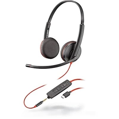 Bild av Plantronics Blackwire 3225, trådbundet tvåörade headset (stereo) med mikrofonarm anslutning till PC/Mac via USB A port eller smartphone/surfplatta 3,5 mm jack lag etc.