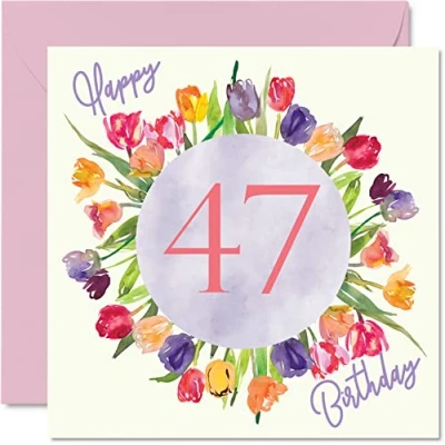Bild av Vackra 47:e födelsedagskort för kvinnor akvarell tulpaner blommor bukett grattis på henne mamma moster syster vän födelsedagspresenter, 145 mm x härliga blommiga gratulationskort present