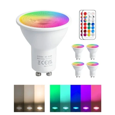 Bild av REYLAX 4pcs GU10 6W LED Lampor, RGB + Varmvit, Spotlight Med Färgbyte, 12 Färger 5 Lägen, Minnesaktivering, Dimning Infraröd Fjärrkontroll