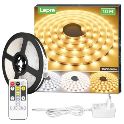 Bild av LEPRO LED remsa dimbar 10 m, varm vit till kall (3 000 K 6 vitt band ljuskedja, ljuslist, superljus varmvit kallvit gör det själv ljusband, remsor, för dekoration