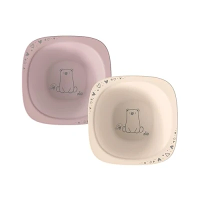 Bild av nip bred skål Hållbar och okrossbar babygrötskål från 4 månader. Ergonomisk babyskål tillverkad av över 90% förnybara råvaror, perfekt för tilläggsmat 2 stycken, rosa