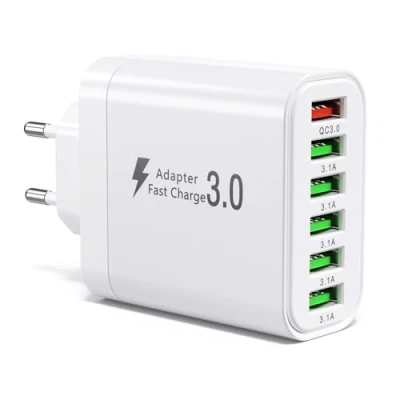 Bild av USB laddare, 50 W multi laddning, 6 portars laddningskontakt med QC 3.0 snabbladdare, flera väggkontakter kompatibel iPhone 11/12/13/14/15/16/SE/XS/XR/Samsung Galaxy