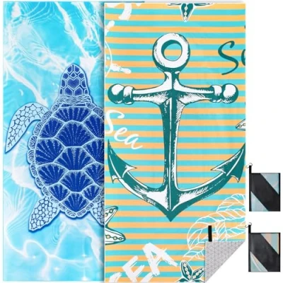 Bild av Strandhandduk xxl set om 2 90 x 180 cm, stor snabbtorkande mikrofiberhandduk, sandfri badlakan, strandfilt för kvinnor (Sköldpadda + Ankare)