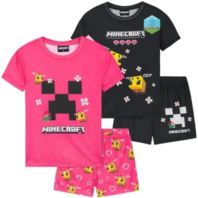Bild av Få trendiga pyjamas för flickor, paket med 2 kortärmad pyjamasset barn, tonåringar, loungeet, nattkläder, mjuka, bekväma gåvor Svart/Rosa Minecraft, 6 7 Years
