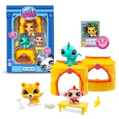 Bild av Littlest Pet Shop, Tiki Jungle Set, 3 Husdjur, Tillbehör, 1 samlarkort, virtuell kod, mobilhuvuden, Gen 7 (#50, 51, 52 Exklusiva husdjur i lekset), BF00515 flerfärgad