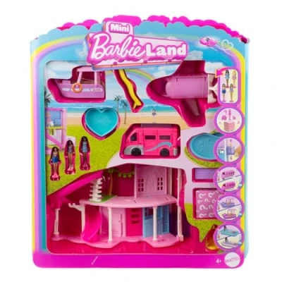 Bild av Barbie Mini BarbieLand Droomhuis &amp; 3 Voertuigen Speelset met 4 1,5 Inch poppen, poppenhuis meubels accessoires, inclusief DreamCamper, boot vliegtuig, JDB86