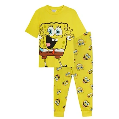 Bild av SPONGEBOB FYRKANTIGOR Barnpyjamas Snuggle Fit Pojkar Flickor Full längd Pjs Set med Kortärmad T Shirt Unisex Present, gUL, 5 6 Years