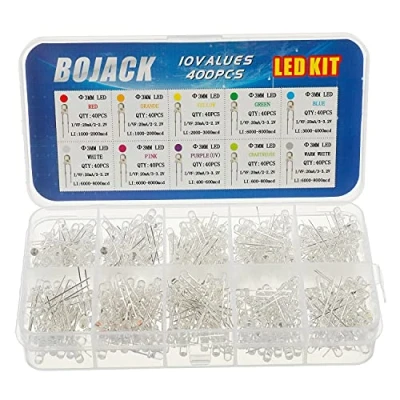 Bild av BOJACK 10 färger 400 stycken 3 mm lampdioder sortiment kit pack (transparent, 2 V 3,2 V, 20 mA) glödlampslampor elektronikkomponenter lysdioder