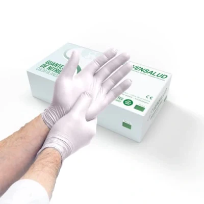 Bild av VENSALUD NITRILE engångshandskar Dammfri Motståndskraftig För laboratorier, sanitära, kök, tatueringsstudior, veterinär, rengöring Latex Gratis Packa 100 st. Vit Storlek S
