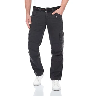 Bild av Timezone Cargojeans, byxor, BenitoTZ lös passform, cargobyxor, tygbälte, 100 % bomull, basfickor, beige, grå, grön, w28 w29 w30 w31 w32 w33 w34 w36 w38 w40, Mörkgrå (9889), 32W / 30L