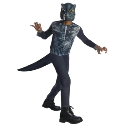 Bild av Rubies kostym Velociraptor OPP Billig dinosaurie för pojkar och flickor, Jumpsuit med svans mask, Univesal Jurassic World Officer Carnival, Jul, Födelsedag, Fester Halloween