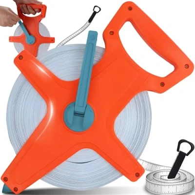 Bild av Retoo Måttband 50 m, rullbandmått meter med utfällbar vev, tum och meterskala, måttband, plast gul ergonomiskt handtag, markerat på båda sidor, rullmåttband