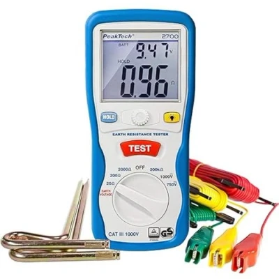 Bild av PeakTech 2700 Digital jordningsmätare med upplyst dubbel LCD display &amp; 2 jordningsstavar, jordmotstånd, mätning, AC/DC, TÜV/GS, datahållning, automatisk nollställning CAT III 1000 V