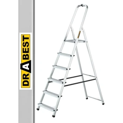 Bild av Drabest Aluminium 6 Stegs Hushållsstege 125kg Kapacitet Stegstege med Säkerhetsskena &amp; Arbetsstegeplattform Stegar Multifunktion Stegstegar Steg 48 X 191 12 Cm