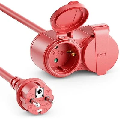 Bild av deleyCON 15m Utomhus Förlängningskabel Extremt Väderbeständig IP44 Kabel av Gummi för Permanent Användning Skyddskontakt Plugg Typ F (CEE 7/4) till 2x Uttag 7/3) Röd