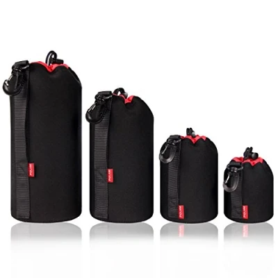 Bild av POLAM FOTO 4 pack tjocka linspåsar set för att skydda DSLR kameralins, linsfodral neopren med mjuk tjock svart plysch inuti Canon, Nikon, Tamron, Sigma, Pentax, etc.