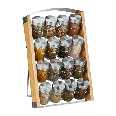 Bild av Relaxdays Kryddställ inkl. 16 kryddburkar, 80 ml, stående kryddhylla av bambu, HBT: 37 x 23,5 18 cm, natur/silver