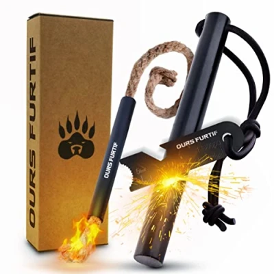 Bild av Kit Firesteel XXL Överlevnad Eldstål 12 mm mjuk magnésiubar 20 000 användningar Tändved ingår + Paracord Fodral Tillbehör för camping, bushcraft, vandring