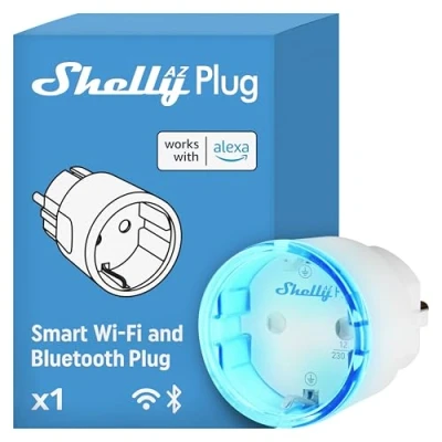Bild av Shelly AZ Plug Vit, WiFi och Bluetooth styrd intelligent uttag med strömövervakning, enkel installation, fungerar Alexa, hemautomation, röststyrning, ingen hub behövs