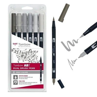 Bild av Tombow ABT dubbel pensel pennor, grå färger, penna med två spetsar, perfekt för handbokstäver och bullet journal, vattenmålad, 6P 6, set om 1 styck (6 pack)