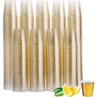 Bild av MATANA 150 Guldglittriga Plastshotglas, Mångsidiga och Återanvändbara, för Fester, Smakprov, Evenemang 30ml / 1oz