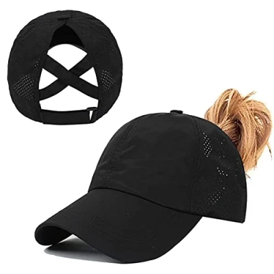 Bild av Hästsvans Baseballkeps för kvinnor, justerbar andningsbar snabbtorkande mesh ponycap, Svart, one size