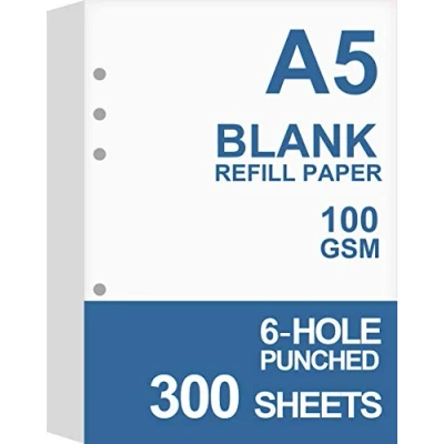 Bild av (3 pack) A5 tomt papper, påfyllningar för Filofax planerare, organisatör, pärmar, 6 hålstansade, totalt 300 ark/600 sidor, 100 gsm, vit, 148 x 210 mm