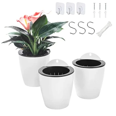 Bild av ORIMERC 3 pack hängande planterare krukor självvattnande vertikal trädgård väggmonterad fönster rund plastbehållare inomhus utomhus för växter blommor suckulent kök levande örter hållare vit