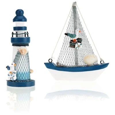 Bild av COM FOUR® 2 delat maritim dekorationsset Segelfartyg och fyr av trä i en begagnad look [urvalet varierar] (02 + fyr)