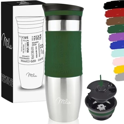 Bild av Milu termosmugg 370 ml, 450 isolerande mugg, kaffemugg to go 100 % läckagesäker dryckesmugg i rostfritt stål bilmugg, dubbelväggsisolering, resemugg (olivgrön, ml)