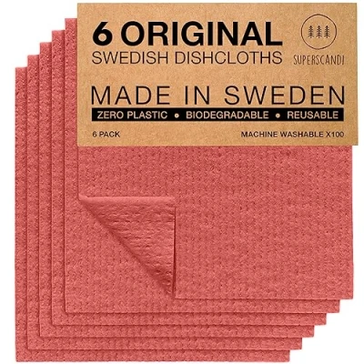 Bild av SUPERSCANDI Svenska disktrasor, återanvändbara, biologiskt nedbrytbara cellulosasvampdukar för köket, ersättning hushållspapper, tvättdukar (6 pack, 6 pack rödbrun)