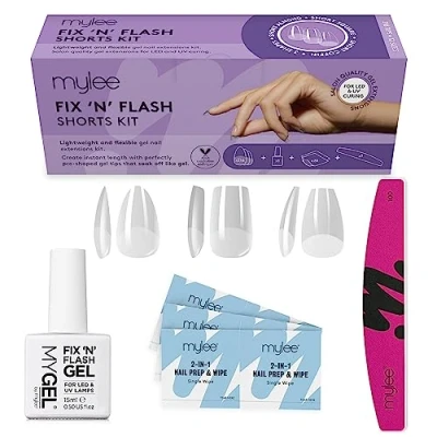 Bild av MYLEE Fix N Flash Soft Gel Tips Shorts Kit, 3 former, 216 bitar, mandel, fyrkant och kista, inkluderar gel, förberedande våtservetter &amp; Half Moon Nagelfil, Heltäckande, Nail Art Extensions