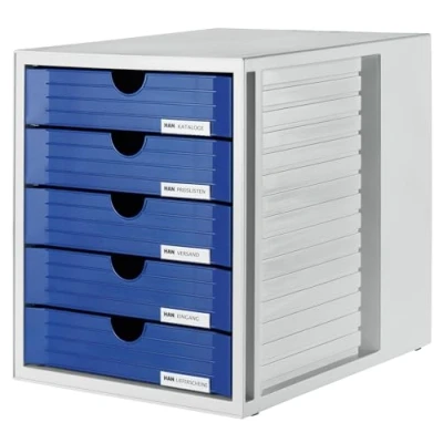 Bild av HAN Lådbox SYSTEMBOX med 5 stängda lådor för upp till DIN C4, skrivbord eller i skåp, inklusive utdragslås + märkklämma, möbelvänliga gummifötter, 145014, ljusgrå/blå