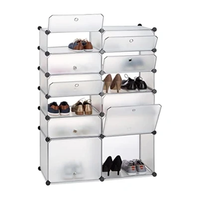 Bild av Relaxdays, transparent skohylla plast, hyllsystem 12 fack, XXL hyllhylla, med dörrar, H x B D: 125 94 37 cm, system