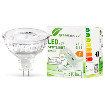 Bild av greenandco® IRC 90+ dimbar LED spotlight MR16 GU5.3, 6,5 W, 510 lm, 3 000 K, varmvit, 38 12 V AC/DC