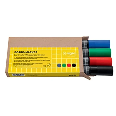 Bild av SIGEL BA010 set med 4 glas/whiteboard markörer, raderbara, &quot;cap off&quot; bläck, Ø 23 mm kulspetsar, färger (svart/röd/grön/blå)