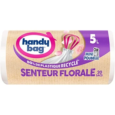 Bild av Handy Bag Badrumssoppåsar med skjuthandtag blommig doft, 5 L x 20 påsar Special mini soptunnor maximal tätning läckagesäker botten 100% återvunnen plast